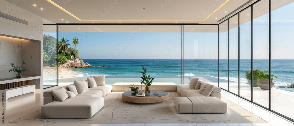 Fototapeta premium Serene Coastal Elegance: Luxury Minimalist Living Room with Breathtaking Sea View 