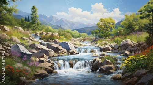 The image is of a beautiful landscape with a river running through it. The water is crystal clear and you can see the rocks and pebbles on the bottom.