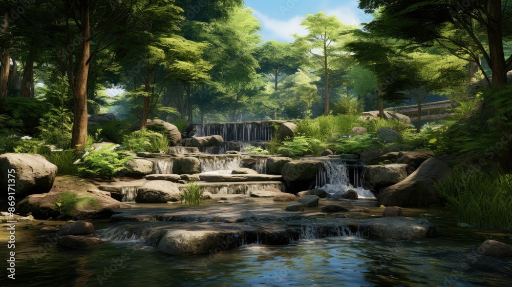 A beautiful landscape with a waterfall in a forest. The sun shines through the trees and the water cascades over the rocks. A beautiful landscape with a waterfall in a forest. The sun shines through the trees and the water cascades over the rocks.