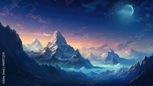 A beautiful landscape of snow-capped mountains at sunset. The sky is a deep blue and the stars are out. The mountains are covered in snow.