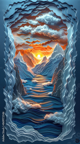 Alaska Glacier and Icebergs at Sunrise Sunset Paper Cut Phone Wallpaper Background Illustration