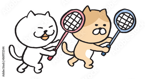 バドミントンをするかわいい猫のキャライラスト