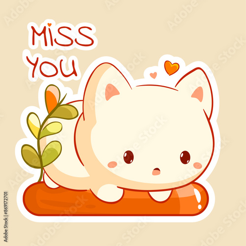 Miss you. Greeting card with cute cat. Missing you notecard with lovely kitty. Vector illustration EPS8