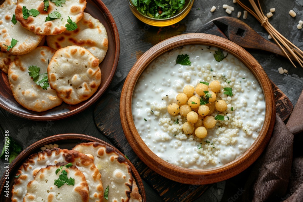 A delicious bowl of traditional Indian yogurt-based dish garnished with spices and herbs.
