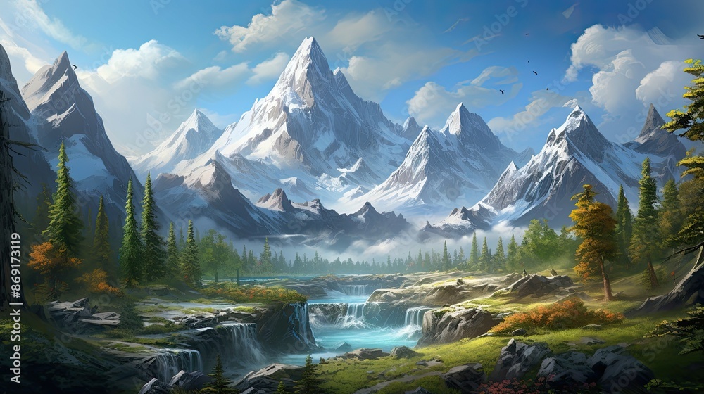 A beautiful landscape with snow-capped mountains, a river, and a forest. A beautiful landscape with snow-capped mountains, a river, and a forest.