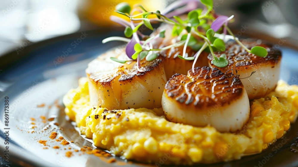 A gourmet dish featuring seared scallops on a bed of sweet corn puree, garnished with microgreens A gourmet dish featuring seared scallops on a bed of sweet corn puree, garnished with microgreens