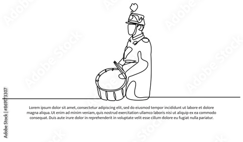 Continuous one line design of drummer band. Minimalist style vector illustration on white background.