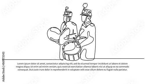 Continuous one line design of drummer band. Minimalist style vector illustration on white background.