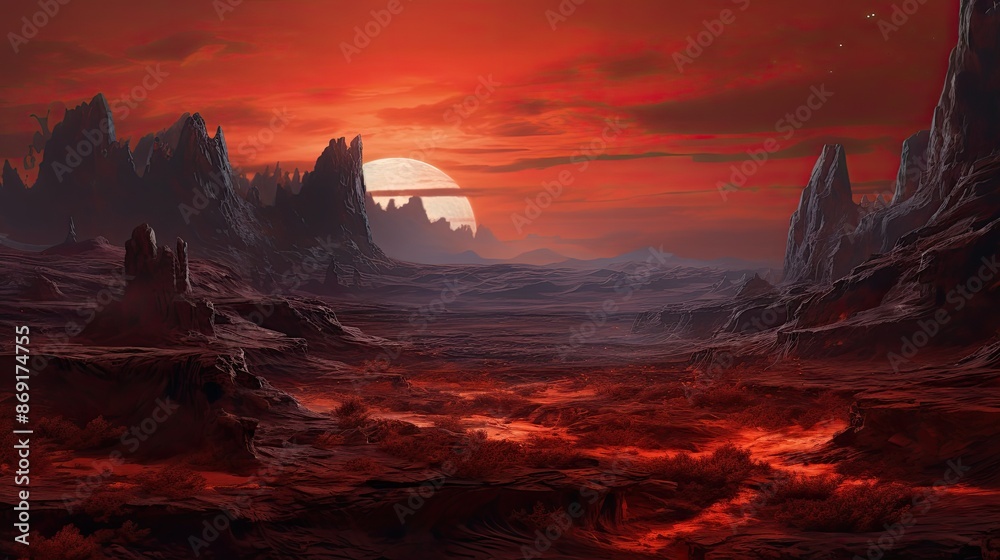 Naklejka premium A barren and inhospitable alien landscape with a red moon in the distance. The ground is cracked and fissured, and there is no sign of vegetation.