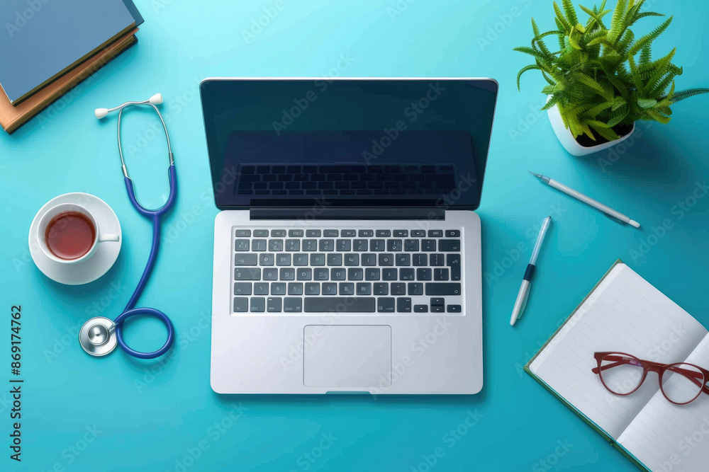 Virtual healthcare consultation setup with laptop, stethoscope, and medical books for telemedicine. Virtual healthcare consultation setup with laptop, stethoscope, and medical books for telemedicine.