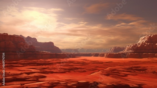 A barren, red planet with a rocky surface and a cloudy sky.