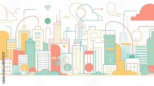Minimalist cityscape illustration with geometric shapes and pastel colors
