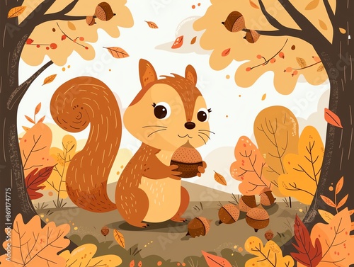 Squirrel gathering acorns, autumn scene, flat design illustration photo