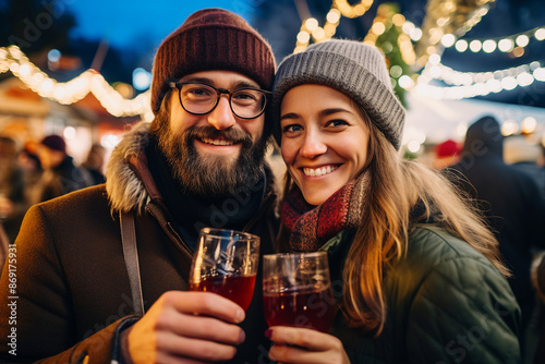 Ai generated photo of young cheerful happy people walking at the christmas market on a winter vacation