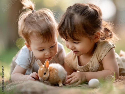 Kids Playing with Toy Chicks and Bunnies in the Garden During Easter, Fostering Imaginative Play Outdoors with Easter Toys for Fun and Creativity