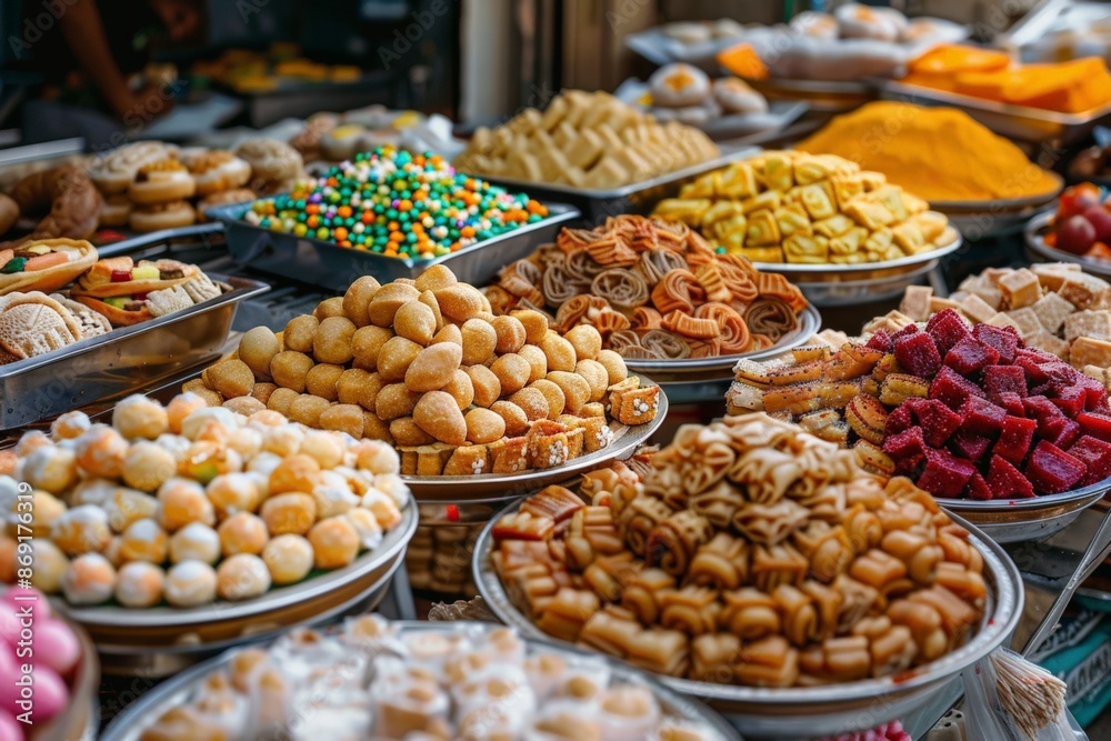 A vibrant assortment of Indian sweets displayed in trays at a market stall.