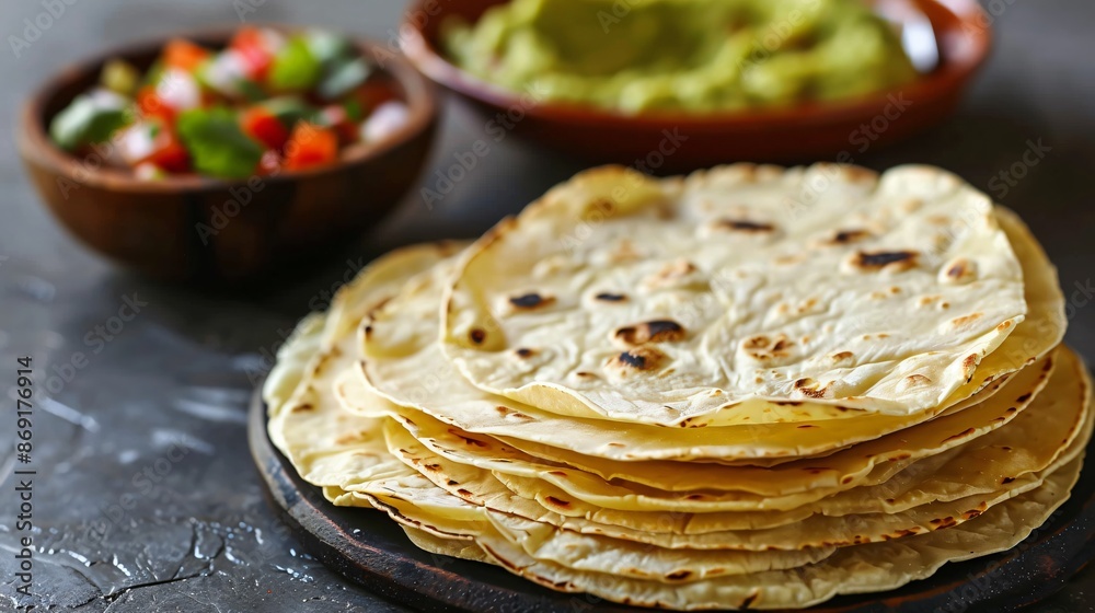A stack of homemade tortillas made from fresh corn masa, with a bowl of guacamole and salsa in the background A stack of homemade tortillas made from fresh corn masa, with a bowl of guacamole and salsa in the background