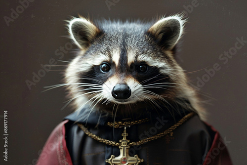 AI generated photo image of raccoon wearing clothes like clergyman