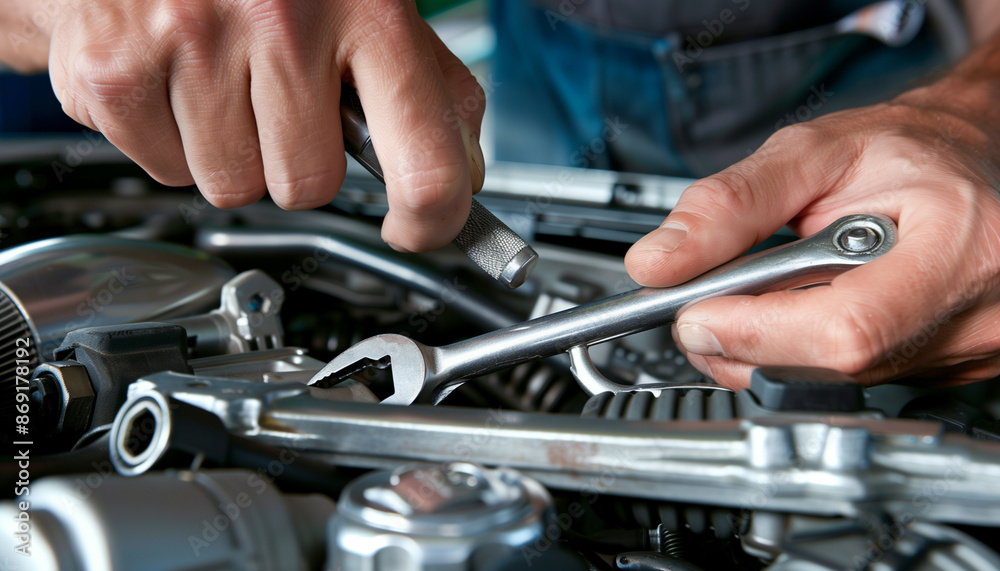 Skilled Car Mechanic Working with Wrench on Engine in Garage Workshop - Concept of Car Service Skilled Car Mechanic Working with Wrench on Engine in Garage Workshop - Concept of Car Service
