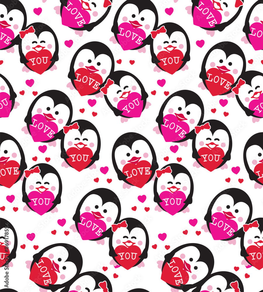 Seamless Pattern of Valentine's Day, Penguin Couples, Hearts and Love You, valentines wrapping paper- Valentine's Vector Illustration Seamless Pattern of Valentine's Day, Penguin Couples, Hearts and Love You, valentines wrapping paper- Valentine's Vector Illustration