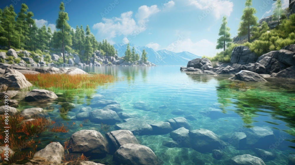 This is a beautiful landscape image of a mountain lake. The water is crystal clear and reflects the sky above. This is a beautiful landscape image of a mountain lake. The water is crystal clear and reflects the sky above.