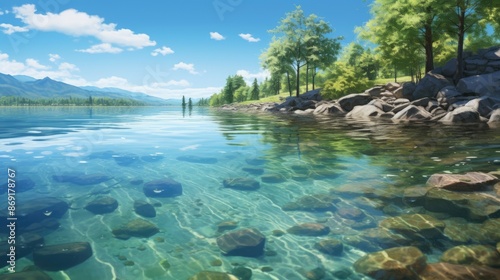 This is a beautiful lakeside landscape. The water is crystal clear with a rocky bottom. The shore is covered in lush green trees and plants. © BozStock