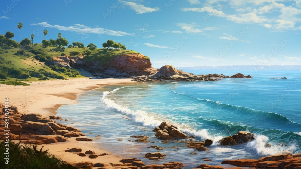 Beautiful summer landscape with a beach, rocks, and palm trees. The perfect place to relax and enjoy the scenery. Beautiful summer landscape with a beach, rocks, and palm trees. The perfect place to relax and enjoy the scenery.