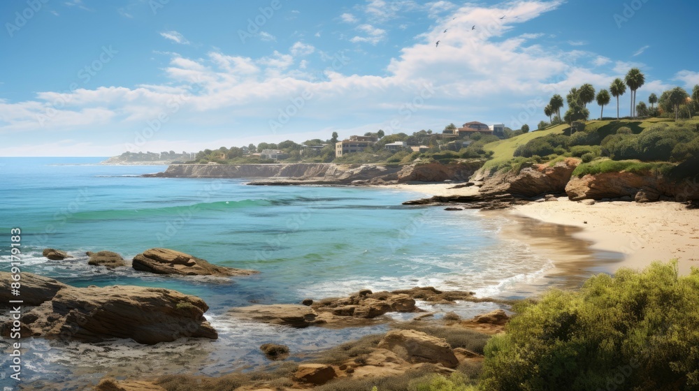 Beautiful summer landscape with a view of the ocean and a sandy beach. The water is calm and clear, and the sun is shining brightly. Beautiful summer landscape with a view of the ocean and a sandy beach. The water is calm and clear, and the sun is shining brightly.