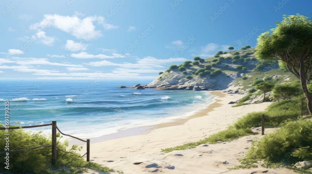 Fototapeta premium Amazing view of a beautiful beach with crystal clear water. White sand and green palm trees.