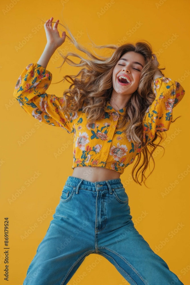 Happy young woman jumping. Cheerful positive teenage girl happily jumping over colorful background Happy young woman jumping. Cheerful positive teenage girl happily jumping over colorful background