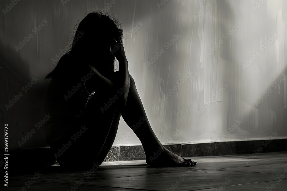 Person crouching, sitting, symbolizing inner pain and suffering. Depression, has stress, anxiety, sickness and headaches, life problems, domestic violence, mental health, thoughts of suicide. Person crouching, sitting, symbolizing inner pain and suffering. Depression, has stress, anxiety, sickness and headaches, life problems, domestic violence, mental health, thoughts of suicide.