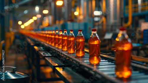 Beverage manufacturing on a conveyor belt at a factory