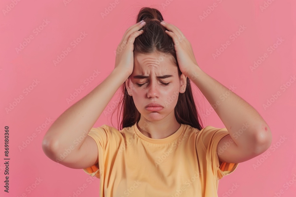 Woman is holding her head in pain. representing a person woman fighting against distorted dark thoughts, depression and anxiety Woman is holding her head in pain. representing a person woman fighting against distorted dark thoughts, depression and anxiety