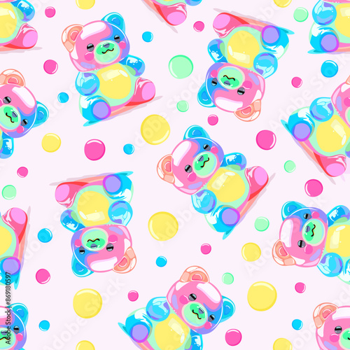Vector seamless pattern with colorful gummy bears on light pink background