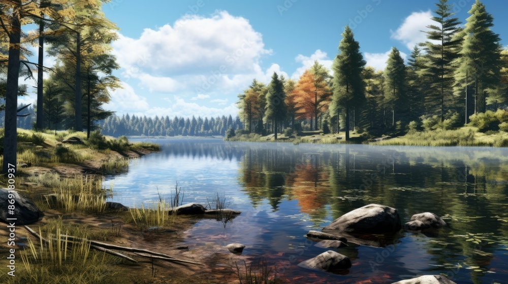 The sun shines through the trees onto a tranquil lake, casting a warm glow on the rocks and trees. The water is still and clear. The sun shines through the trees onto a tranquil lake, casting a warm glow on the rocks and trees. The water is still and clear.