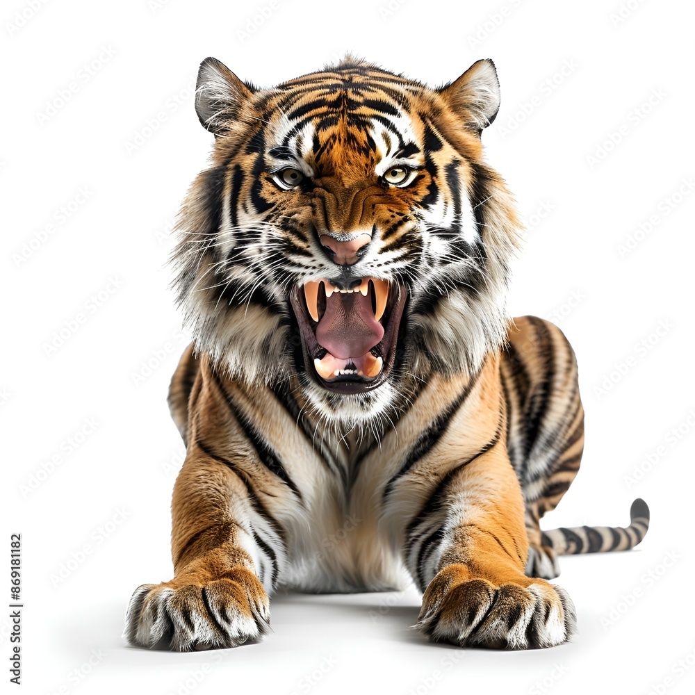 Naklejka premium A fierce tiger roaring against a white backdrop.