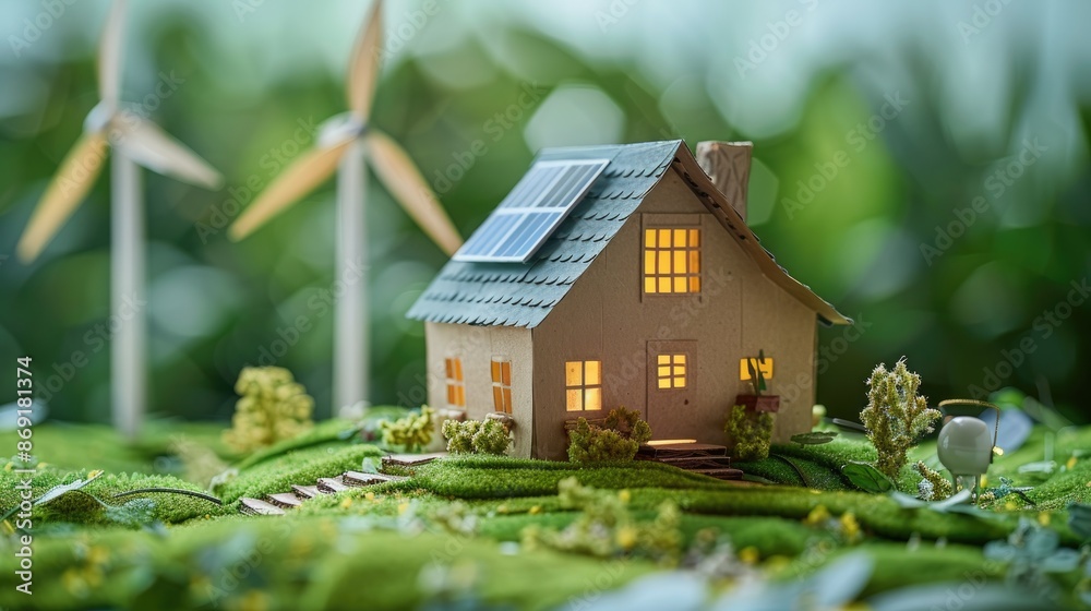 A small house is built on a grassy hill with a wind turbine in the background. The house is made of cardboard and has a green roof. Scene is peaceful and eco-friendly A small house is built on a grassy hill with a wind turbine in the background. The house is made of cardboard and has a green roof. Scene is peaceful and eco-friendly