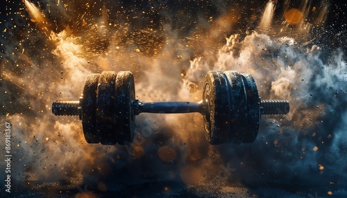 Single dumbbell on a dark background with smoke and dust