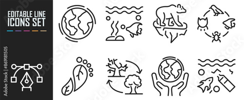Set of 8 outline icons related to ecosystem. Linear icon collection. Editable stroke. Vector illustration