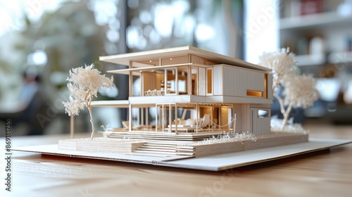 Architect paper model of a modern sustainable house with environmental features in an office.