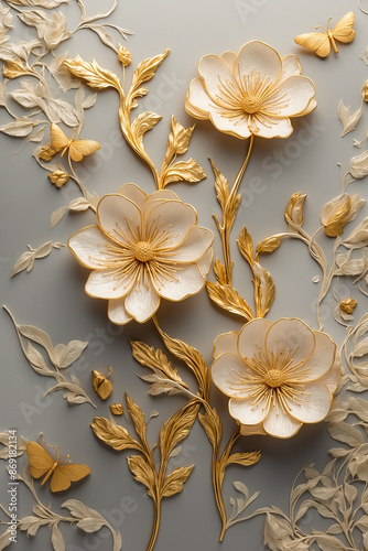 delicate jewelry in the form of white and gold flowers on gray ...
