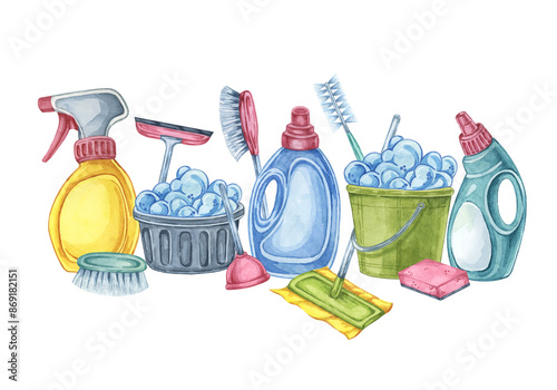 Comprehensive cleaning toolkit. Watercolor clipart for cleaning services, housekeeping businesses, digital content, classroom posters, brochures, website banners, social media, promotional flyers