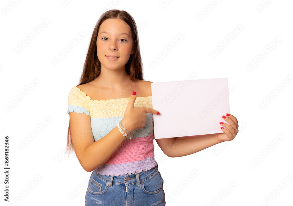 Young caucasian girl holding blank paper with smiling face and looking over transparent background. Young caucasian girl holding blank paper with smiling face and looking over transparent background.
