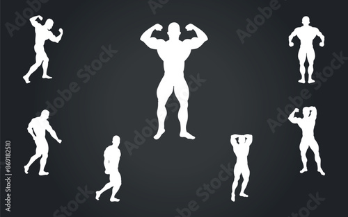 White silhouettes of posing bodybuilders. Vector on a black background