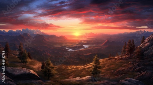 A beautiful landscape image of a mountain range at sunset. The sky is a deep orange and the mountains are silhouetted against it.