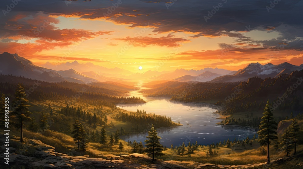Obraz premium The sun sets over a mountain range, casting a golden glow on the valley below.