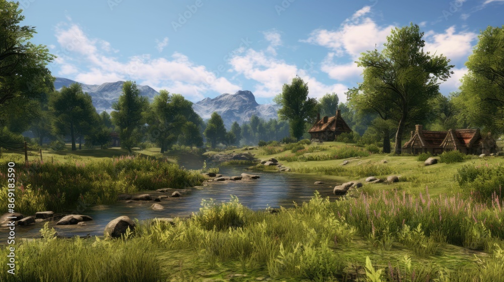 Obraz premium A beautiful landscape with a river running through it. There are trees and mountains in the background.