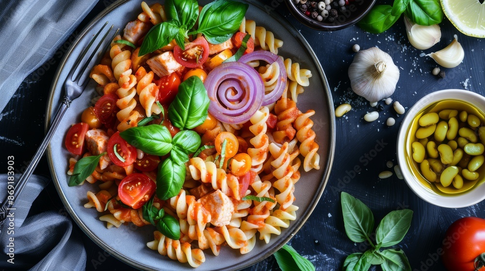 A vibrant pasta salad featuring fusilli, cherry tomatoes, red onions, fresh basil, and other vegetables. Ideal for promoting healthy and colorful meals. A vibrant pasta salad featuring fusilli, cherry tomatoes, red onions, fresh basil, and other vegetables. Ideal for promoting healthy and colorful meals.