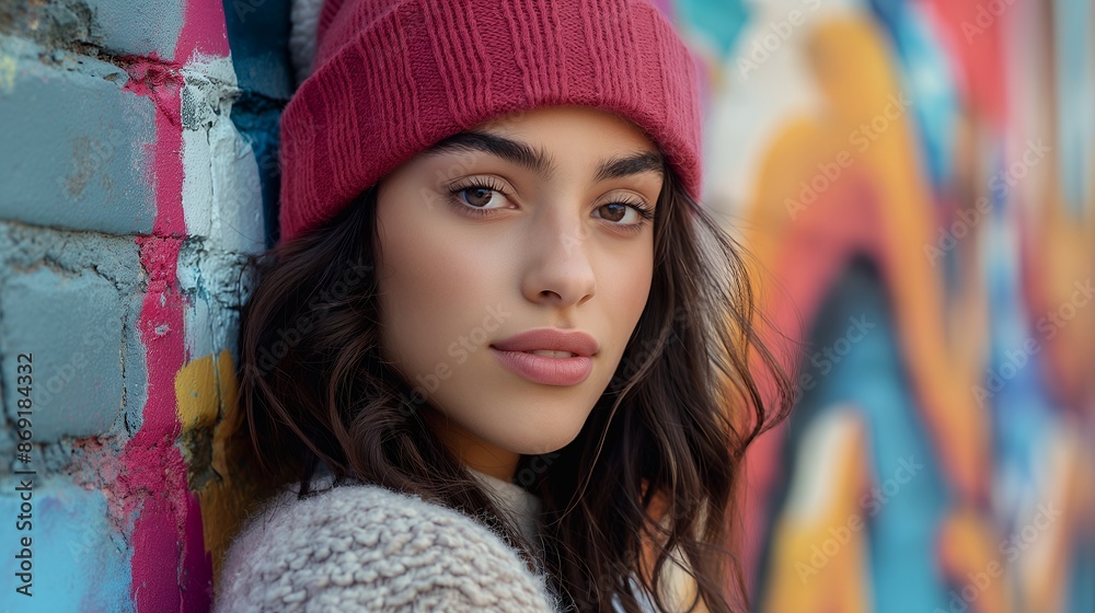 Young Woman in Beanie by Graffiti Wall Young Woman in Beanie by Graffiti Wall