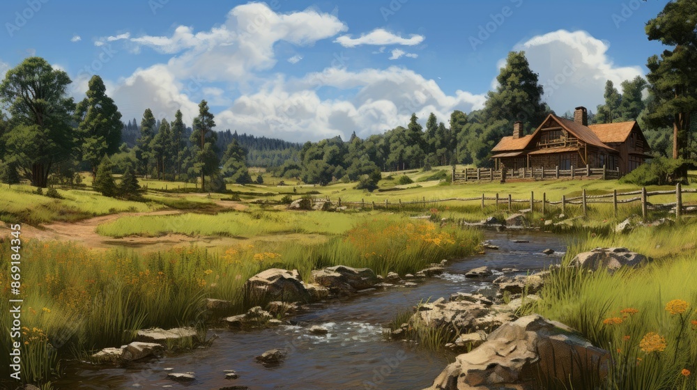 A beautiful landscape image of a cabin in the mountains. The cabin is made of wood and has a large porch.